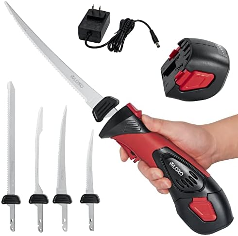 VLOXO Cordless Electric Fillet Knife, Rechargeable Fish Fillet Knife with 4 Ti-Nitride S.S. Coated Non-Stick Reciprocating Blades and Cooling Hole Non-Slip Grip Handle Electric Knife for Fishing