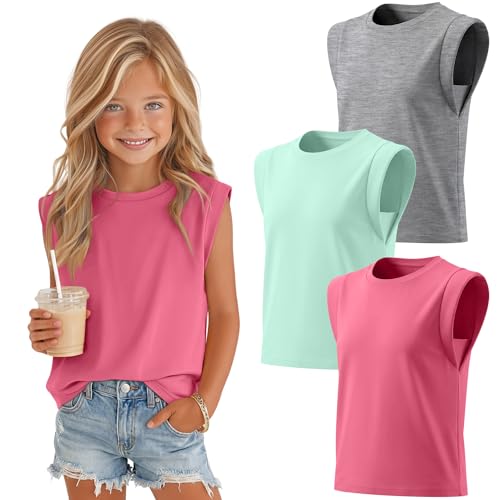 LessonZoo 3 Pack Girls Tank Tops Cap Sleeves Summer T Shirt Sleeveless Loose Fit Crewneck Cute Athletic Tank 5-14 Years(Peach Pink Mint Green Light Heather Gray 9-10 Years)