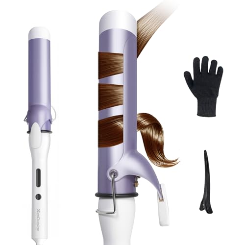 XenDrasine Curling Iron 40mm for Medium & Long Hair, 15S Fast Heat Up, 360° Rotating Cord, 5 Temp Setting up to 410 ℉, 220V AU Plug, 1.57 Inch Hair Curling Tongs with Glove and Clip, Purple