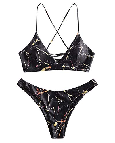 ZAFUL Women Lace up Braided Strap Bikini Set Padded V Neck High Leg Two Piece Swimsuit (Color9, M)