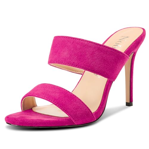 Image of NobleOnly Womens Round Open Toe Heeled Sandals Two Strap Stiletto High Heel Sandals Backless Dress Slip-on Mules Sandals 3.9 Inches Heels