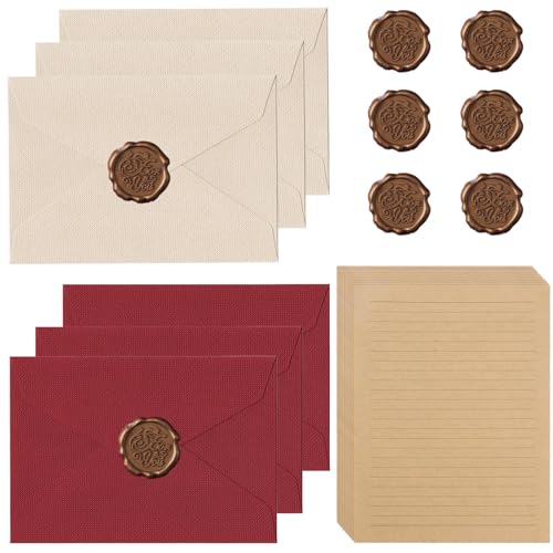 22 unidades de papel de carta vintage, conjunto com 6 envelopes de linho e carimbos de cera, 10 A5, papel de carta vintage, envelopes de estraça para aniversários, convites de casamento, cartões de