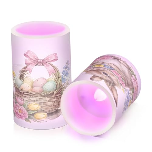 Image of ALAZA Cute Watercolour Little Rabbit Easter Flickering Flameless Candles Battery Operated with Remote Timer,Tea Light Candles LED Pillar Votive Candles Set of 2 for Outdoor Indoor Decorations