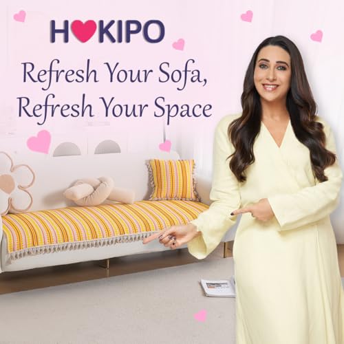 Image of HOKIPO 'Artisan Boho Series' Sofa Cover Mat with Tassel for 1 Seater Sofa | 450 GSM Thick Cotton Acrylic Jacquard Fabric, Mustard Yellow (IN-901-A1*S)