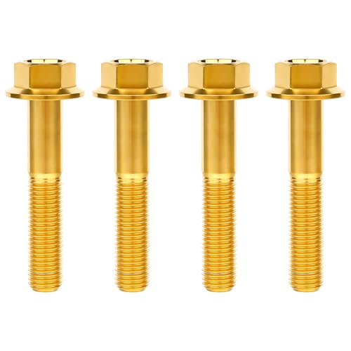 Image of Ti Screws M10 x 20 25 30 35 40 45 50 55 60 65 70 75 80 90 100mm 1.25 Pitch Titanium Flange Hex Bolt Pack of 4 (Gold, M10x55mm)