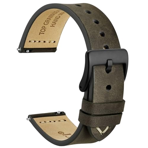 WOCCI 24mm Old-fashioned Watch Band for Men, Top Grain Leather, Black Matte Buckle (Grey Brown)