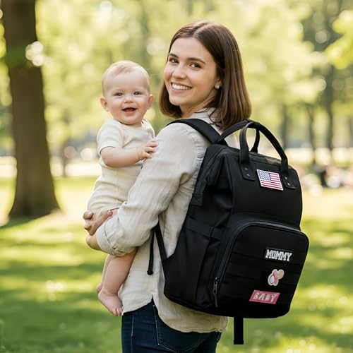 QWREOIA Diaper Bag Backpack for Dad and Mom with USB Charging Port Stroller Straps and Insulated Pocket,army military Travel Nappy Backpack for Daddy/Mommy (Black)