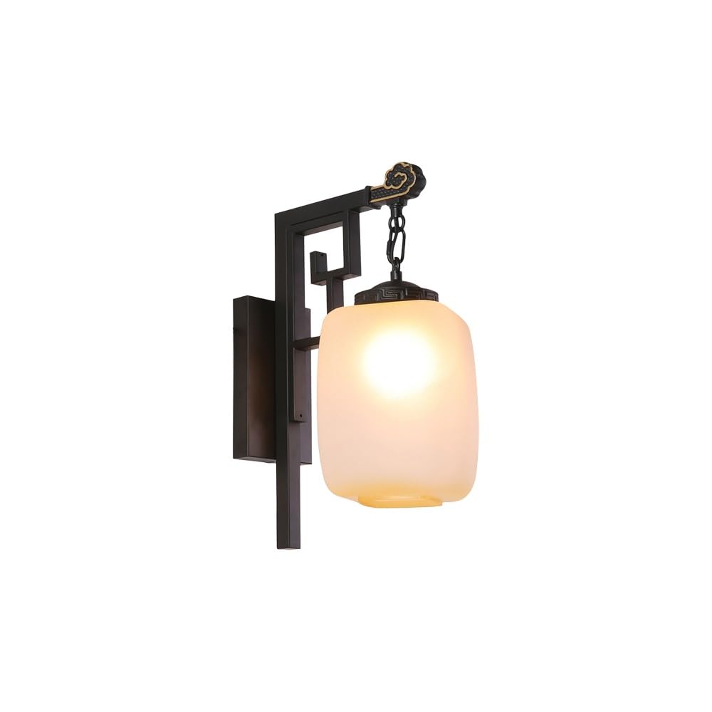 Kinkiet do sypialni, korytarza, chińskie żelazo, orientalna metalowa lampa z kloszem w kształcie latarni z matowego szkła i motywem spirali. Dekoracyjny do salonu i gabinetu.