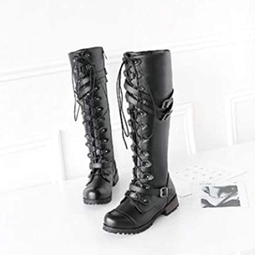Vintage PU Leather Knee Boots for Women, Knee-High Boots Lace-up Punk Buckle Military Combat Stacked Heel Boot Shoes4