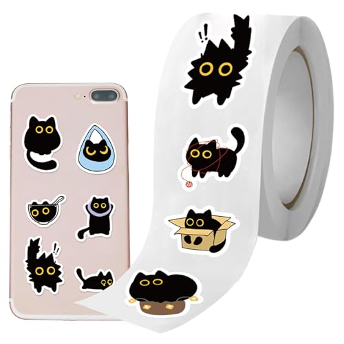 Cat Sticker Roll - Cute Black Kitten Decals for Water Bottles Scrapbooking Journals | 500 Stickers per Roll, Aesthetic Paper Labels, Perfect for Envelope...