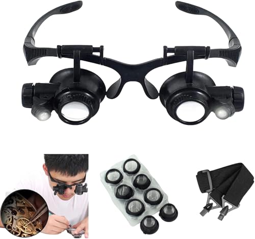 Magnifying Glasses with LED Light, Jeweler Loupe Watch Repair Magnifier with 3 Interchangeable Lens-10x 15x/20x 25x for Close Work