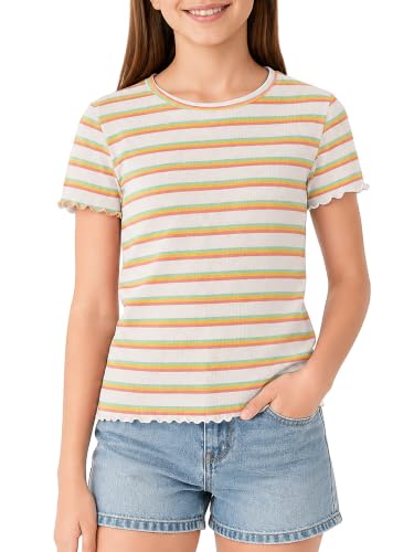 Image of Girls Striped T-Shirt Lettuce Trim Short Sleeve Top Size 6-16 | Soft stretch ribbed knit fabric, breathable blouse,summer outfit for big girls & teen, for school, party and daily activity
