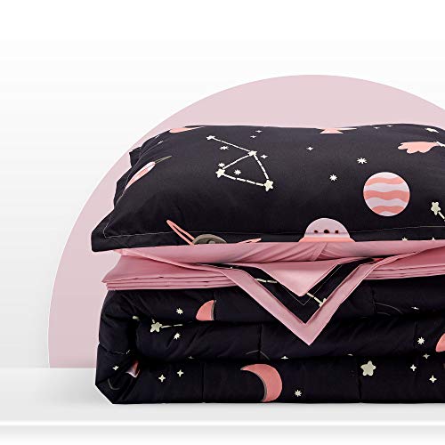 Sleep Zone Kids Twin Bedding Comforter Set - 5 Pieces Super Cute & Soft Bedding Sets & Collections With Comforter, Sheet, Pillowcase & Sham - Fade Resistant Easy Care (Black/Pink Galaxy) #TOP4
