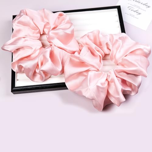 Oversized Satin Scrunchies for Women - 2 Pack Extra Large Hair Ties Accessories, Big Silk-Like Ponytail Holders, No-Damage Elastic Bands for Thick Curly Hair, Light Pink