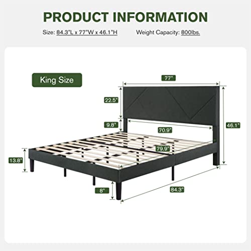 Imusee King Size Bed Frame, Upholstered Bed Frame With Geometric Headboard, Heavy Duty Mattress Foundation With Wooden Slats, Easy Assembly, Dark Grey #TOP1
