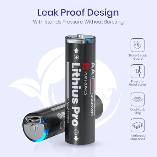 Image of Portronics AA Lithius Pro Type C Rechargeable Batteries, Pack of 2, Lithium Ion Cell Composition, Upto 2066mAh Capacity, Low Self Discharge, No Separate Charger Required (Black)