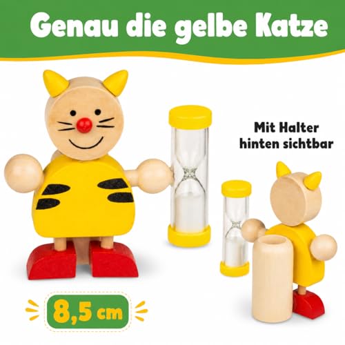 MIJOMA Zahnbürstenhalter aus Holz mit Sanduhr – lustige Tierfiguren, ca. 8x8,5 cm – spielerisches Zähneputzen, 3 Minuten Timer, pädagogisch & dekorativ (Tiger Gelb)