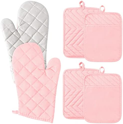 GROBRO7 6Pcs Cotton Oven Mitts and Pot Holders Set Heat Resistant Hot Pads Durable Pocket Pot Holder Machine Washable BBQ Gloves with Hanging Loop for Safe Kitchen Baking Cooking Grilling Pink