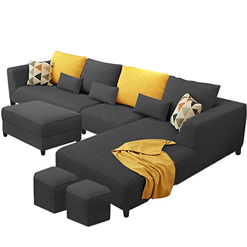 Image of Casaliving Minta 8 Seater L Shape Sofa Set with Ottoman & 2 Puffy for Living Room (8 Seater - RHS, Black)