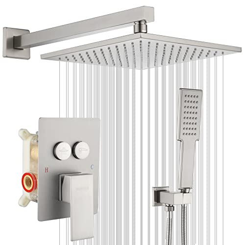 VANFOXLE Push-Button Shower System Brushed Nickel Shower Faucet Set with 10 inches Rainfall Shower Head, Shower Fixture Combo Set Wall Mounted VANFOXLE Push-Button Shower System Brushed Nickel Shower Faucet Set with 10 inches Rainfall Shower Head, Shower Fixture Combo Set Wall Mounted