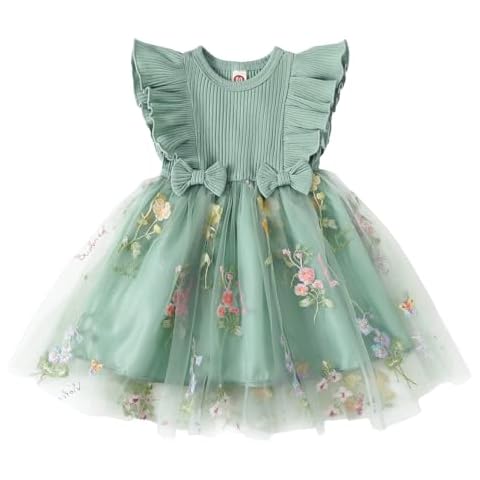 Toddler Girls Dress Boho Toddler Dress Flower Baby Girl Tulle Dress Kids Little Girl Princess Dress (Green, 6-12 Months) Cover