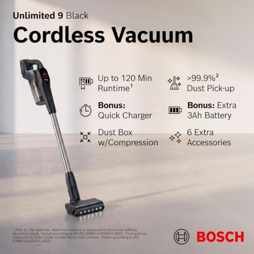 Image of Bosch Unlimited 9 Cordless Stick Vacuum Cleaner, 2 Batteries, Fast Charger | Vacuums Pet Hair, Multi-Surface, Hard Floors and Carpets - HEPA Filter - 15 to 60 Min Battery - 6 Accessories - Dark Cream