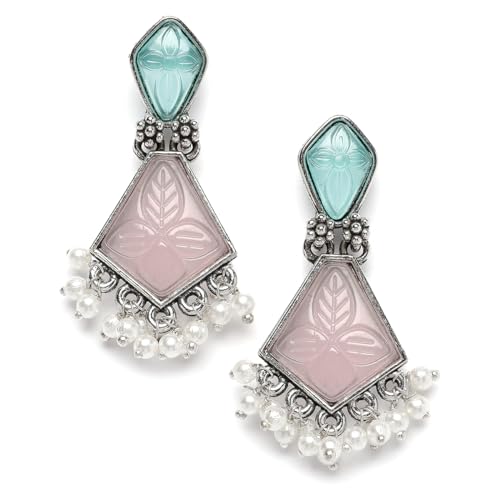 Image of Karatcart Silver Tone Diamond Shape Pink and Blue Carved Stone Studded Drop Earrings for Women