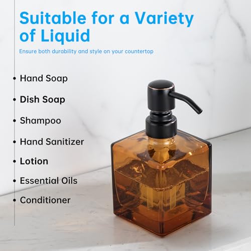 Image of Square Bathroom Soap Dispenser Amber Bottle with Oil Rubbed Bronze Pump, Retangle Cube 8.4 oz Glass Bottles with Stainless Steel Pump Hand Liquid Soap Dispenser Kitchen