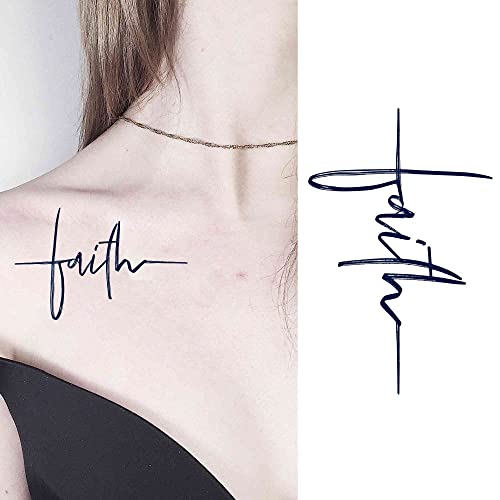 Lasting 1-2 Weeks Lines Juice Temporary Crosses Tattoo Ink Semi Permanent For Adults Woman Faith Hand Written Calligraphy In Shape Navy Blue That Look Real Men Women Chest Neck Arm (4 Sheets) #TOP9