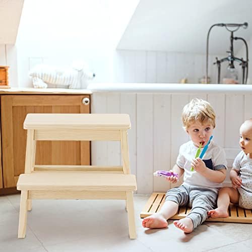 HOUCHICS 2 Steps Stool Wood Kids Stool, Multipurpose Children's Stepladder Stool for Bedroom/Bathroom/Toilet/Kitchen etc. with Safety Non-Slip Pads (Beige)