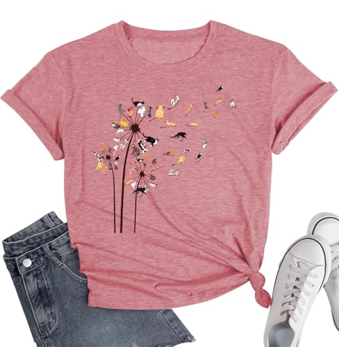 Image of Cat Shirts for Women Flower Tee Shirts Dandelion T Shirt Vintage Floral Tee Tops Women Graphic Tees