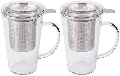 Enindel Fashion Simple Style Glass Tea Mug with Infuser and Lid Tea Cup 16 ounces, Set of 2