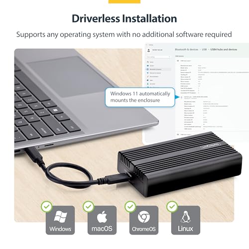 Image of StarTech USB4 40Gbps M.2 NVMe SSD Enclosure (1USB4-NVME-ENCLOSURE) | External USB-C /Thunderbolt host, Aluminum heatsink with thermal pad, B+M and M-Key, PCIe Gen 4, 2230 to 2280