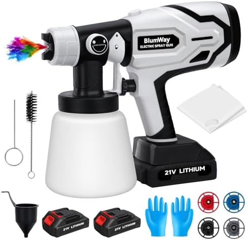 BlumWay Cordless Paint Sprayer,Upgraded HVLP Paint Sprayer with 1L Container, 400W Electric Paint Spray Gun with 4 Copper Nozzles,180° Spray Width for Home Interior, House Painting (with Battery)