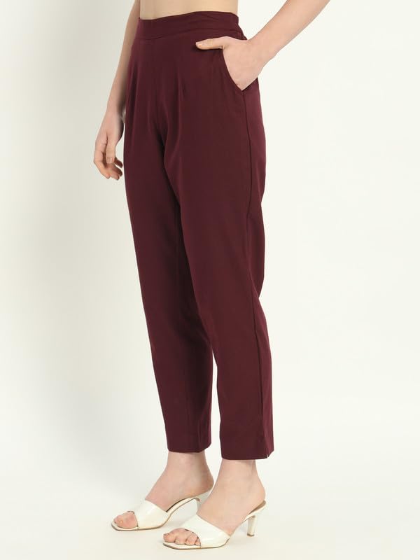 Image of Women's Solid Straight Fit 100% Cotton Trousers | High Waist, Side Pockets, Ankle Length Pants for Office, Casual
