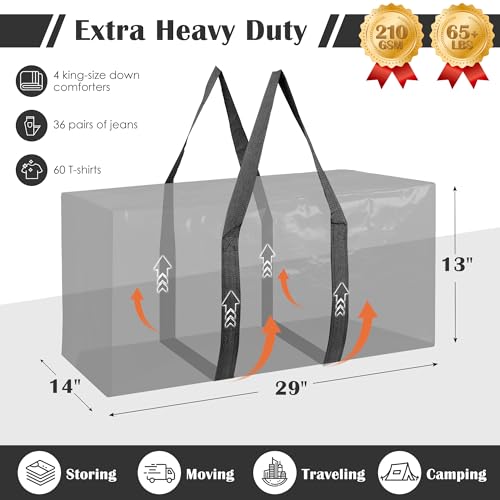 Image of 12 Pack Moving Bags with Full-Open Side Zipper, Extra Large 93L Heavy Duty Waterproof Foldable Storage Totes for College Dorm, Moving & Home Organization Black