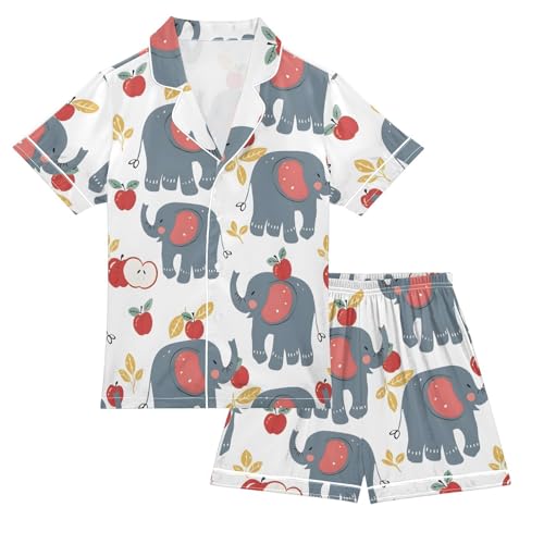 ALAZA Elephant Funny Gray Satin Pajamas Set Short Sleeve Button Down Sleepwear Summer Pjs 2 Piece