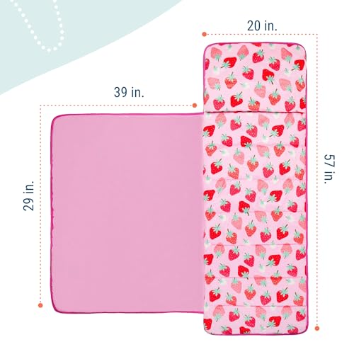 Image of Wildkin Kids Velour Nap Mat for Girls - Soft & Cozy Toddler Sleep Mat with Built-in Blanket for Daycare, Preschool, Kindergarten & Travel, Ages 3-7, Machine Washable - Strawberry