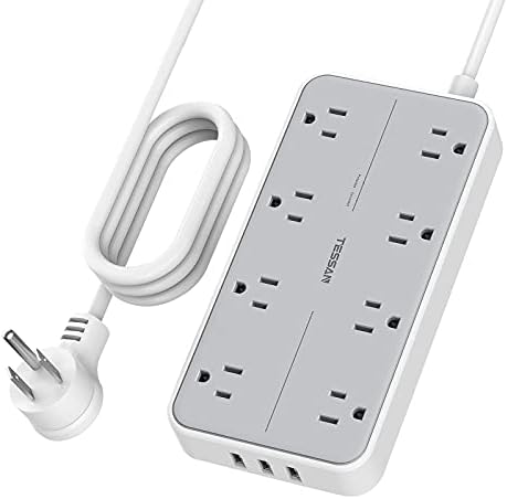 10ft Power Bar with USB Ports, TESSAN Flat Plug Extension Cord Indoor, Surge Protector Power Strip with 8 Widely Spaced Multi Plug Outlets, Wall Mount Desktop for Home Office Dorm Room Essentials