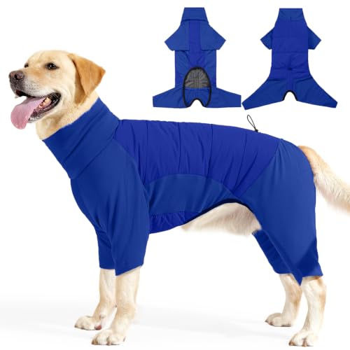 Image of BRKURLEG Full Body Dog Winter Coat Warm Fleece Pullover Pajamas, Four Legs Covered Windproof Dog Jacket for Small to Large Dogs, Turtleneck Dogs Snowsuit, Pet Cold Weather Clothes, Blue XXL