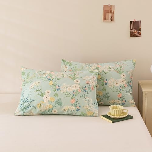 Image of ECOCOTT Sage Green Floral King Standard Size Set of 2, 100% Washed Cotton Pillow Cases with Envelope Closure, Botanical Wildflower Printed Pillow Covers 20 inchX36 inch