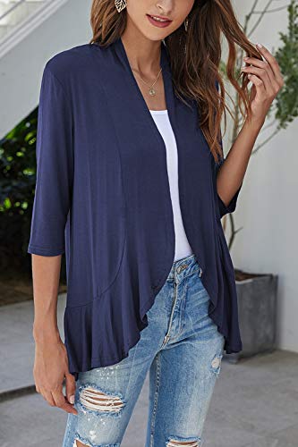 Image of Bluetime Women Casual Lightweight Open Front Cardigans Soft Draped Ruffles 3 /4 Sleeve Cardigan (S-3XL)