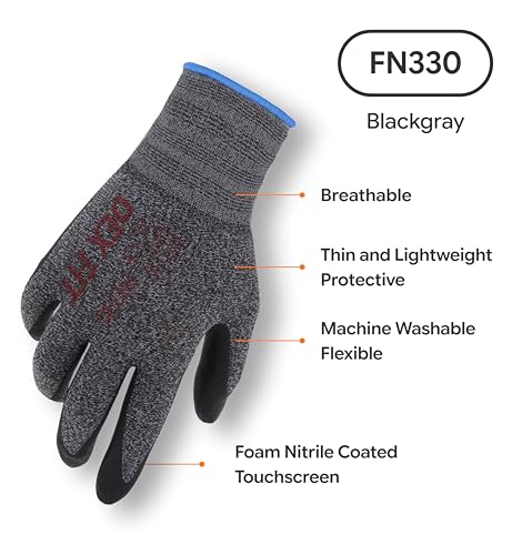 Image of DEX FIT Work Gloves FN330, 3D Comfort Stretch Fit, Power Grip, Durable Foam Nitrile Coated, Smart Touch, Thin & Lightweight, Machine Washable, Black Grey 11 (XXL) 3 Pairs