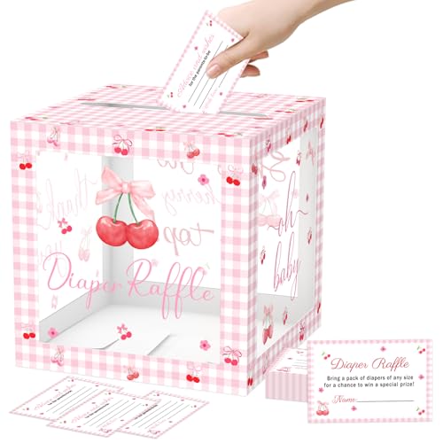 Image of 51Pcs Cherry Diaper Raffle Tickets with Box for Baby Shower Games, She's the Cherry on Top Baby Shower Decorations Pink Bow Clear Diaper Raffle Box