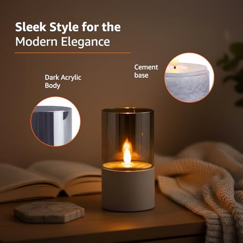 Image of amazon basics LED Pillar Candles, Set of 3 (7.5X10 CM, 7.5X12.5 CM, 7.5X15 CM), Dark Tint Glass with Cement Base, Flameless Flickering, Remote & Timer, Indoor Decorative Lighting