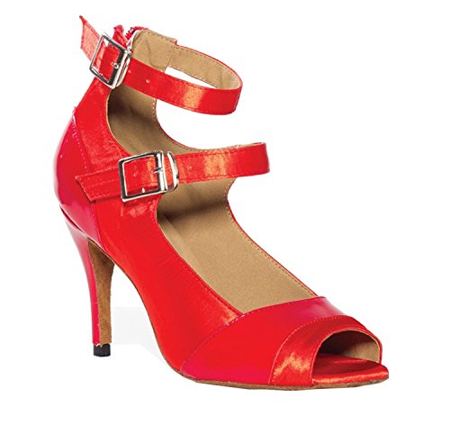 MINITOO Damskie satynowe buty do tańca z odkrytymi palcami L011, Czerwony, 38.5 EU