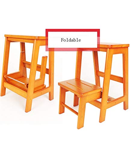 Escalera de taburete plegable en madera de caucho de 2 peldaños color miel 4
