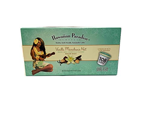 Hawaiian Paradise Coffee Vasos individuales de vainilla, macadamia, nueces, 108 unidades, tazas sueltas, tostado medio, compatibles con cafeteras
