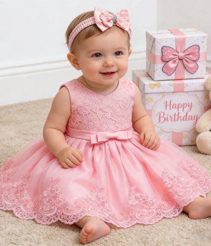 Image of LZH Baby Girls Ruffle Lace Backless with Headwear,Bowknot Flower Dresses Pageant Party Wedding Baby Girl Christmas Dress