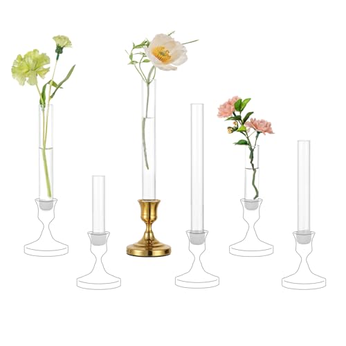 Glasseam Bud Vases for Candle Holders: 6 Pack Small Clear Glass Tube for 0.87 Candlesticks - 3.9/5.9/7.8 Reusable Skinny Single Stem Flower Vase Set for Home Centerpiece Decor (No Candlestick)